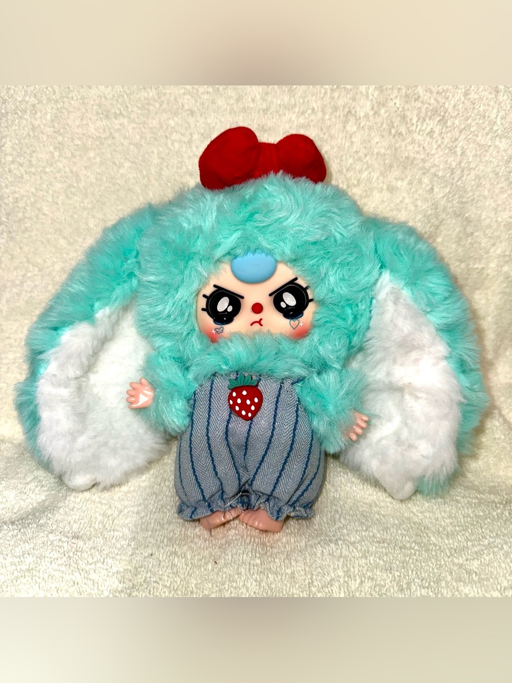 Baby Three Mint Bunny Plush Strawberry Overalls Bag Charm Kawaii Crying Toy